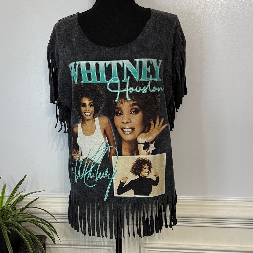 NEW Whitney Houston Grey Graphic Band Boutique Distressed Fringe T-Shirt L